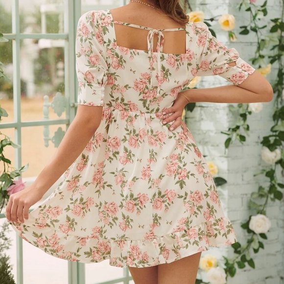 Rose Print Puff Sleeve Dress - Size M - Picture 2 of 3